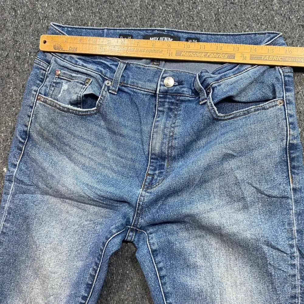 MBX Denim Jeans Sz 34 Mens Blue Streetwear Straight Leg Faded Distressed Detail